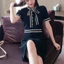 Load image into Gallery viewer, Summer Knitted Robe Bow Tie Stripe Buttons Vintage Party Mini Dresses Women OL Black White Elegant Chic Vestidos De Mujer Casual