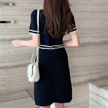 Load image into Gallery viewer, Summer Knitted Robe Bow Tie Stripe Buttons Vintage Party Mini Dresses Women OL Black White Elegant Chic Vestidos De Mujer Casual