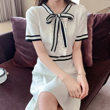 Load image into Gallery viewer, Summer Knitted Robe Bow Tie Stripe Buttons Vintage Party Mini Dresses Women OL Black White Elegant Chic Vestidos De Mujer Casual