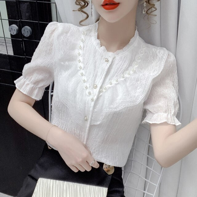 Summer Korean Chiffon Women Shirts Women Short Sleeve Shirts Office Lady Shirt Tops Plus Size Woman White Shirt  Woman Blouses