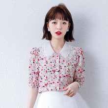 Load image into Gallery viewer, Summer Korean Fashion Silk Woman Shirts Floral Satin Office Lady Short Sleeve Buttoned Shirt Plus Size Ladies Tops Lace Blouse