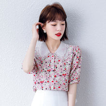 Load image into Gallery viewer, Summer Korean Fashion Silk Woman Shirts Floral Satin Office Lady Short Sleeve Buttoned Shirt Plus Size Ladies Tops Lace Blouse
