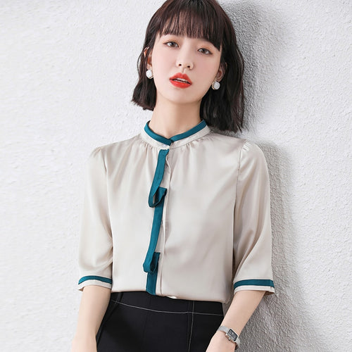 Summer Korean Fashion Silk Woman Shirts Satin Office Lady Short Sleeve Buttoned Shirt Plus Size Ladies Tops Blouse