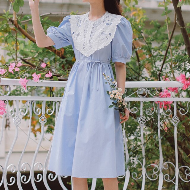 Summer Korean Fashion Sundress Long Dress Elegant A Line Slim Waist Loose Clothes Dresses Women Sweet Peter Pan Collar Vestidos