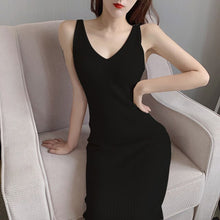Load image into Gallery viewer, Summer Korean Women Solid Knitted A-Line Mid-Calf Dress Casual Sleeveless Tank V-Neck Elegant Ladies Slim Dresses Vestidos