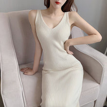 Load image into Gallery viewer, Summer Korean Women Solid Knitted A-Line Mid-Calf Dress Casual Sleeveless Tank V-Neck Elegant Ladies Slim Dresses Vestidos