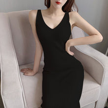 Load image into Gallery viewer, Summer Korean Women Solid Knitted A-Line Mid-Calf Dress Casual Sleeveless Tank V-Neck Elegant Ladies Slim Dresses Vestidos
