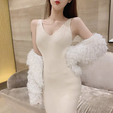 Load image into Gallery viewer, Summer Korean Women Solid Knitted A-Line Mid-Calf Dress Casual Sleeveless Tank V-Neck Elegant Ladies Slim Dresses Vestidos