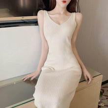Load image into Gallery viewer, Summer Korean Women Solid Knitted A-Line Mid-Calf Dress Casual Sleeveless Tank V-Neck Elegant Ladies Slim Dresses Vestidos