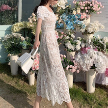 Load image into Gallery viewer, Summer Lace Dress Women High Quality Hollow Out Short Sleeve Elegant Ruffles Floral Party Beach Ladies Dresses Vestido De Mujer