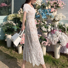 Load image into Gallery viewer, Summer Lace Dress Women High Quality Hollow Out Short Sleeve Elegant Ruffles Floral Party Beach Ladies Dresses Vestido De Mujer