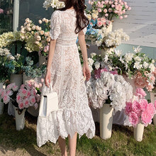 Load image into Gallery viewer, Summer Lace Dress Women High Quality Hollow Out Short Sleeve Elegant Ruffles Floral Party Beach Ladies Dresses Vestido De Mujer