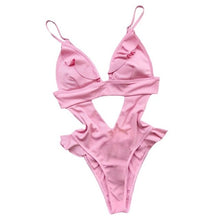 Load image into Gallery viewer, Summer Ladies Bikini Ruffled Swimsuit  Women Solid Color Monokini Lace Splicing V-neck Sleeveless Backless Hollow Swimwear