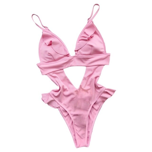 Summer Ladies Bikini Ruffled Swimsuit  Women Solid Color Monokini Lace Splicing V-neck Sleeveless Backless Hollow Swimwear