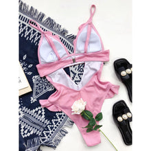 Load image into Gallery viewer, Summer Ladies Bikini Ruffled Swimsuit  Women Solid Color Monokini Lace Splicing V-neck Sleeveless Backless Hollow Swimwear