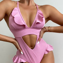 Load image into Gallery viewer, Summer Ladies Bikini Ruffled Swimsuit  Women Solid Color Monokini Lace Splicing V-neck Sleeveless Backless Hollow Swimwear