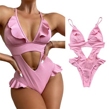 Load image into Gallery viewer, Summer Ladies Bikini Ruffled Swimsuit  Women Solid Color Monokini Lace Splicing V-neck Sleeveless Backless Hollow Swimwear