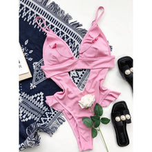 Load image into Gallery viewer, Summer Ladies Bikini Ruffled Swimsuit  Women Solid Color Monokini Lace Splicing V-neck Sleeveless Backless Hollow Swimwear