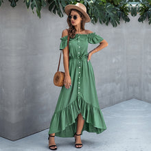 Load image into Gallery viewer, Summer Ladies Elegant Solid Off The Shoulder Dress Women 2021 New Casual Slash Neck Short Single Breasted Irregular Long Dress