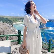 Load image into Gallery viewer, Summer Leisure Short Sleeve Deep V Neck Swing Midi Dress For Women Vacation White Button Up Beach Dresses
