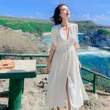 Load image into Gallery viewer, Summer Leisure Short Sleeve Deep V Neck Swing Midi Dress For Women Vacation White Button Up Beach Dresses