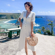Load image into Gallery viewer, Summer Leisure Short Sleeve Deep V Neck Swing Midi Dress For Women Vacation White Button Up Beach Dresses