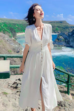 Load image into Gallery viewer, Summer Leisure Short Sleeve Deep V Neck Swing Midi Dress For Women Vacation White Button Up Beach Dresses