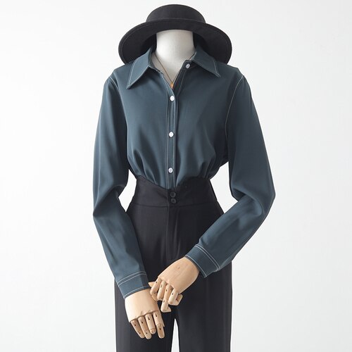 Summer New 2021 Women Shirts Turn-Down Collar Long-Sleeved Loose Elegant Office Lady Outwear Tops