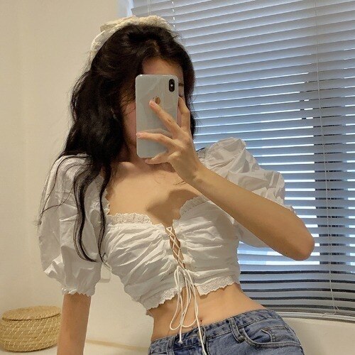 Summer New Sexy Crop Tops Slim White Lace Up Square Neck Puff Short Sleeve Floral Print Blouse Women Elegant Blusas Mujer