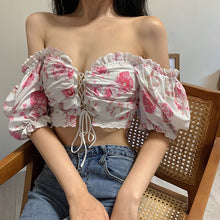 Load image into Gallery viewer, Summer New Sexy Crop Tops Slim White Lace Up Square Neck Puff Short Sleeve Floral Print Blouse Women Elegant Blusas Mujer