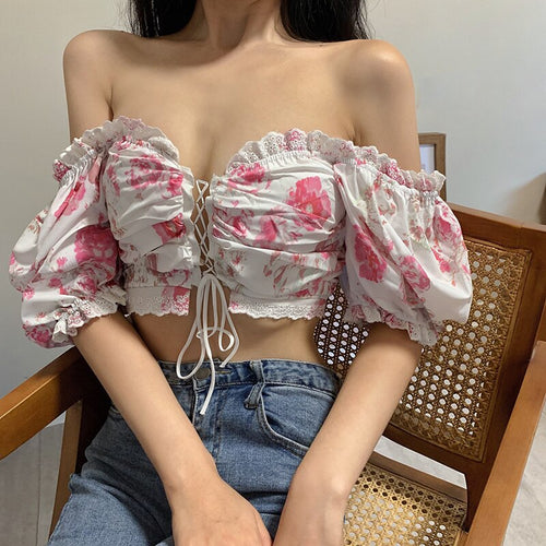 Summer New Sexy Crop Tops Slim White Lace Up Square Neck Puff Short Sleeve Floral Print Blouse Women Elegant Blusas Mujer