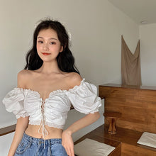 Load image into Gallery viewer, Summer New Sexy Crop Tops Slim White Lace Up Square Neck Puff Short Sleeve Floral Print Blouse Women Elegant Blusas Mujer
