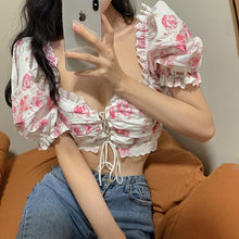 Load image into Gallery viewer, Summer New Sexy Crop Tops Slim White Lace Up Square Neck Puff Short Sleeve Floral Print Blouse Women Elegant Blusas Mujer