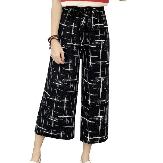 Summer New Striped Style Black Loose High Waist Crop Casual Pants Women One Size Chiffon Wide-leg Pants Plus Size