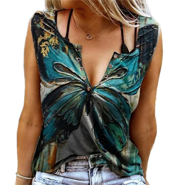 Summer New Vest Top Women's Sexy V Neck Sleeveless T Shirt Butterfly Print Tee Shirt Fashionable Pullover Plus Size Clothing