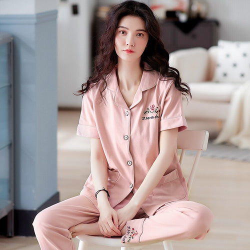 Summer New Women Soild Colour Pajamas Set Ladies Comfort Simple Style Sleepwear Loose Soft Casual Wear Cotton Homewear XXXL