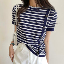 Load image into Gallery viewer, Summer O Neck Short Sleeve Striped Knitted Tops Simple Loose Casual Vintage Korean Style Tees Women Soft Design Pullover Sweater