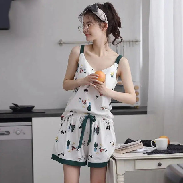 Summer Pajamas For Women 2 Piece Set Women With Chest Pad Sling Korean Version Sweet Girl Sexy Exposed Collarbone Homewear Suit