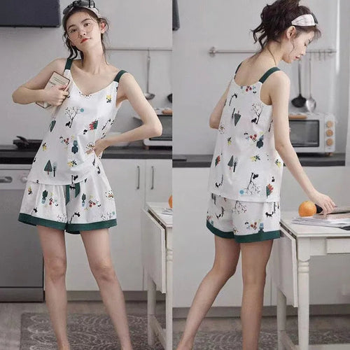 Summer Pajamas For Women 2 Piece Set Women With Chest Pad Sling Korean Version Sweet Girl Sexy Exposed Collarbone Homewear Suit