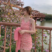 Load image into Gallery viewer, Summer Pink Floral Print Strap Dress Women Sweet Elegant Shirring Sexy Kawaii Dress Female High Street Party Mini Dress 2021 New