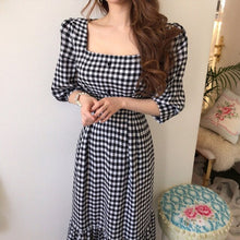 Load image into Gallery viewer, Summer Plaid Square Collar Women Maxi Dress Half Puff Sleeve Ruffles Tunic Button Girls Long Dresses Sweet Korean Simple Female