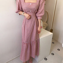 Load image into Gallery viewer, Summer Plaid Square Collar Women Maxi Dress Half Puff Sleeve Ruffles Tunic Button Girls Long Dresses Sweet Korean Simple Female