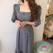 Load image into Gallery viewer, Summer Plaid Square Collar Women Maxi Dress Half Puff Sleeve Ruffles Tunic Button Girls Long Dresses Sweet Korean Simple Female