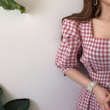 Load image into Gallery viewer, Summer Plaid Square Collar Women Maxi Dress Half Puff Sleeve Ruffles Tunic Button Girls Long Dresses Sweet Korean Simple Female