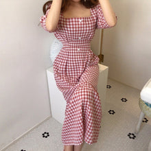 Load image into Gallery viewer, Summer Plaid Square Collar Women Maxi Dress Half Puff Sleeve Ruffles Tunic Button Girls Long Dresses Sweet Korean Simple Female