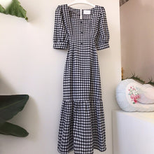 Load image into Gallery viewer, Summer Plaid Square Collar Women Maxi Dress Half Puff Sleeve Ruffles Tunic Button Girls Long Dresses Sweet Korean Simple Female