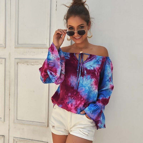 Summer Printed Shirt Long Sleeve Sexy Strapless Blouses Women Elegant Slim-fitting Slash Neck Tops Street Ladies Blouse