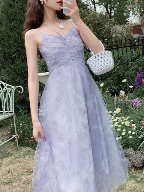 Summer Purple Elegant Strap Dresses Women Korean Kawaii Sleeveless Sweet Fairy Dresses Casual V-neck Sequins Party Dress 2021