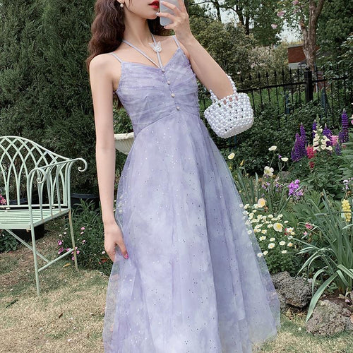 Summer Purple Elegant Strap Dresses Women Korean Kawaii Sleeveless Sweet Fairy Dresses Casual V-neck Sequins Party Dress 2021
