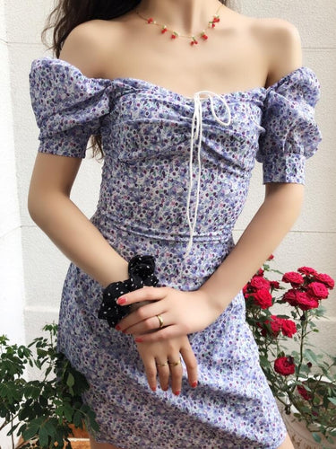 Summer Retro Boho Tie Neck Floral Print Spaghetti Strap Dress Women Purple Blue Elegant Puff Sleeve Y2k Party Beach Light Dress